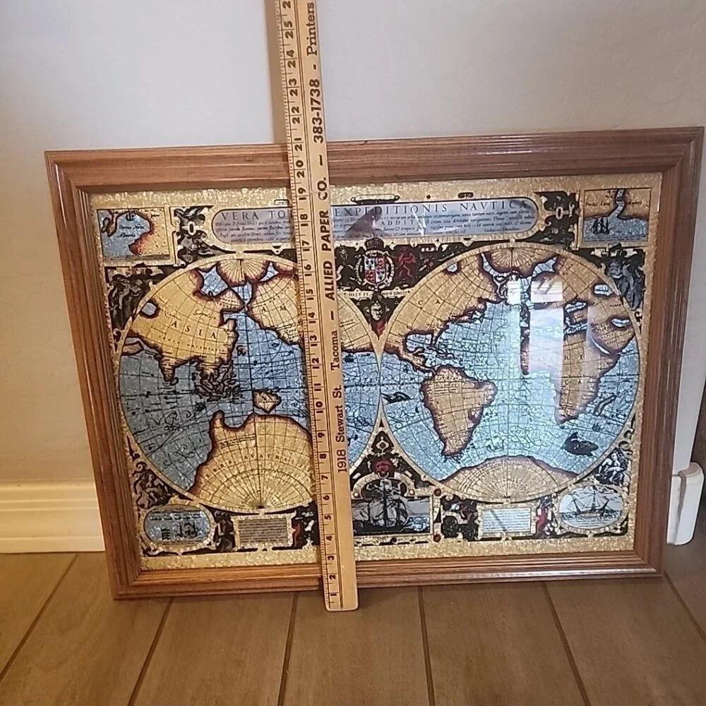 Vintage Framed Antique Map Foil Print on Glass VERA TOTIVS EXPEDITIONIS NAVTICA